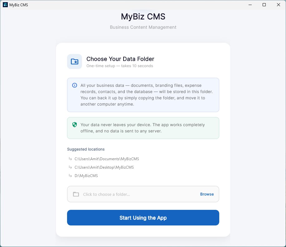 SmallBizzCMS — First-time data folder setup